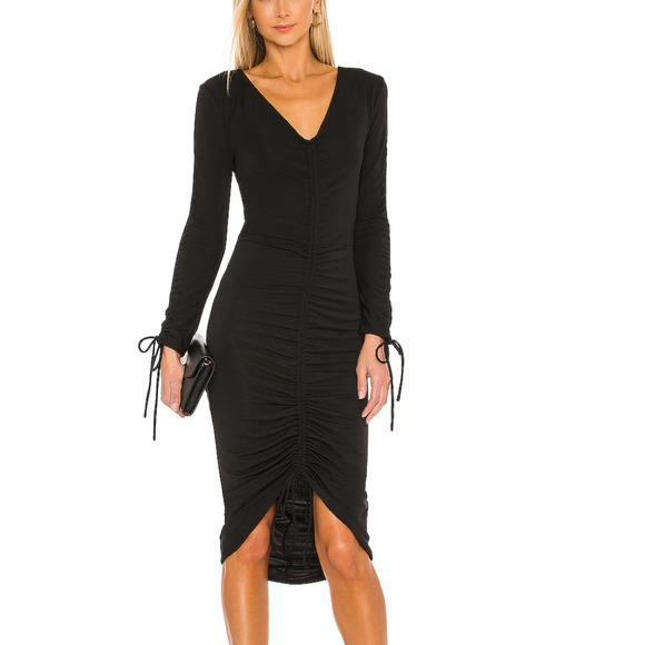 Michael Costello Black Ruched Midi Dress XXS Bodycon Cocktail Designer $230 NEW - Picture 1 of 8